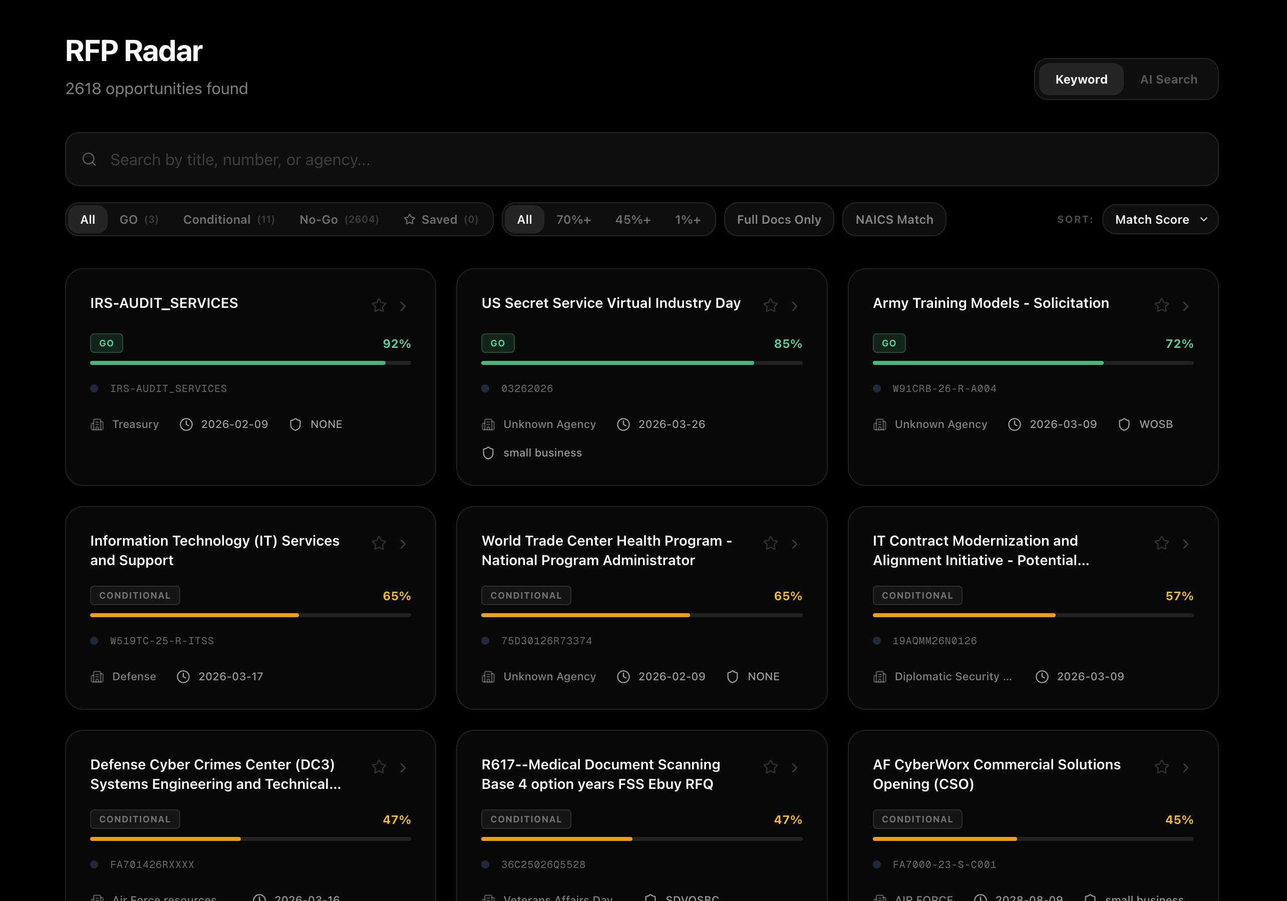 Quorum Radar — AI-powered federal contract discovery dashboard